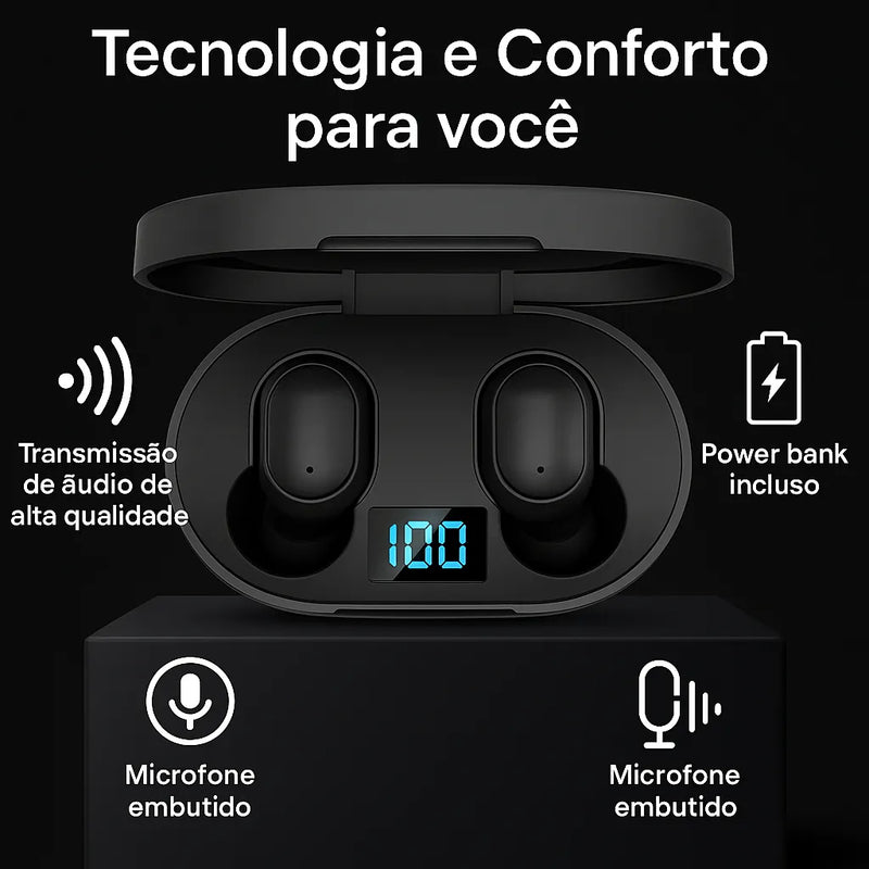 Fone De Ouvido Sem fio Bluetooth5.3 Esportivo Case Led(PRETO)A9626