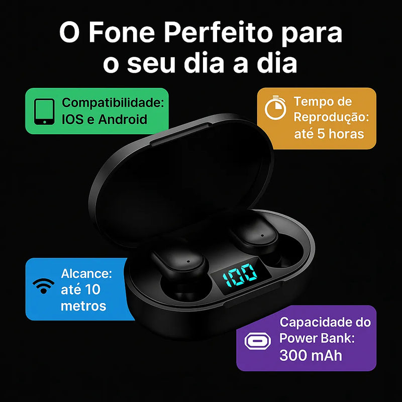 Fone De Ouvido Sem fio Bluetooth5.3 Esportivo Case Led(PRETO)A9626