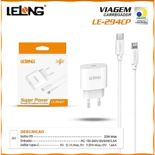 Carregador Ultra Rápido 20W Tipo-C para IOS Lelong LE-294CP