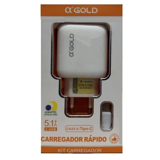 Carregador Rápido CA23-3 5.1 Com 2 USB - Tipo C A'Gold
